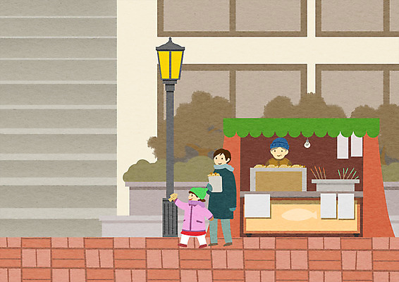 주간 PSD 여자 남자 어린이 겨울 가로등 일러스트 빌딩 성인 야외 세명 붕어빵 가판대 길거리음식 국내일러스트 자연요소 계절 공공시설 음식 빵 사람 건물 겨울간식 파일형식