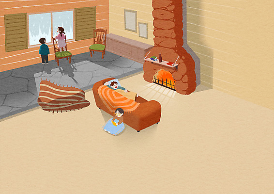 PSD 여자 남자 어린이 액자 겨울 의자 일러스트 창문 선반 실내 여러명 책 소파 독서 잠 벽난로 국내일러스트 계절 가구 다수 사람 내부 파일형식