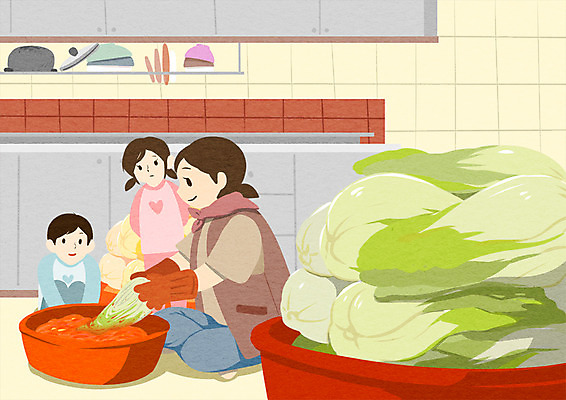 PSD 그릇 여자 남자 어린이 겨울 일러스트 성인 세명 주방 배추 싱크대 고무장갑 김장 고무대야 김장재료 국내일러스트 식기 계절 장갑 채소 식재료 사람 개수대 대야 고무 파일형식