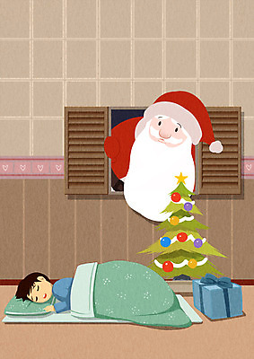 PSD 여자 남자 어린이 겨울 일러스트 창문 베개 성인 두명 선물상자 크리스마스트리 산타클로스 이불 잠 국내일러스트 계절 크리스마스 침구 선물 사람 상자 파일형식