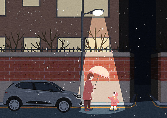 PSD 나무 여자 어린이 겨울 가로등 일러스트 우산 자동차 아파트 성인 야외 두명 빛 담장 야간 국내일러스트 자연요소 식물 계절 공공시설 육상교통 주택 사람 파일형식