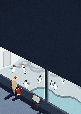 PSD 여자 어린이 겨울 일러스트 실내 동물원 성인 두명 펭귄 아쿠아리움 국내일러스트 계절 조류 사람 내부 수족관 파일형식