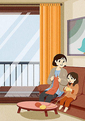 PSD 여자 어린이 액자 겨울 거실 일러스트 탁자 성인 두명 소파 발코니 커튼 뜨개질 털실 국내일러스트 계절 가구 의자 사람 취미 실 파일형식