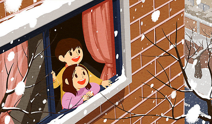 PSD 나무 여자 남자 어린이 겨울 일러스트 창문 벽돌 두명 커튼 눈내림 국내일러스트 식물 계절 눈_날씨 사람 파일형식