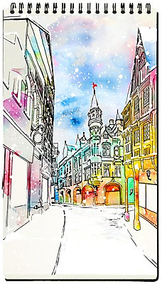 PSD 유럽 백그라운드 겨울 일러스트 수채화 거리 풍경 사람없음 건물 판타지 눈 스케치 스케치북 스프링수첩 겨울배경 국내일러스트 자연요소 건축물 계절 나라 상상 날씨 학용품 미술 다이어리 파일형식