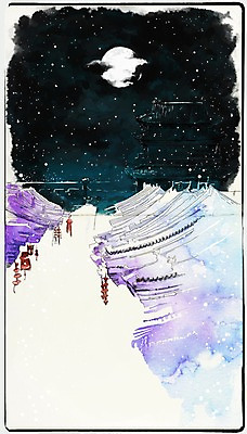 PSD 백그라운드 겨울 일러스트 밤하늘 수채화 거리 풍경 사람없음 야외 건물 판타지 마을 중국 달 눈 야간 스케치 스케치북 고성 리장 스프링수첩 겨울배경 국내일러스트 자연요소 건축물 계절 아시아 상상 하늘 날씨 학용품 미술 다이어리 파일형식