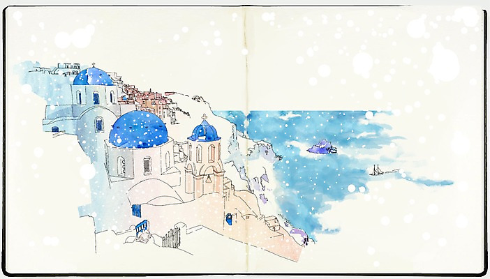 PSD 바다 백그라운드 겨울 일러스트 수채화 풍경 사람없음 판타지 마을 절벽 눈 스케치 스케치북 산토리니 산토리니섬 스프링수첩 겨울배경 국내일러스트 자연요소 계절 섬 상상 날씨 학용품 미술 다이어리 그리스 파일형식