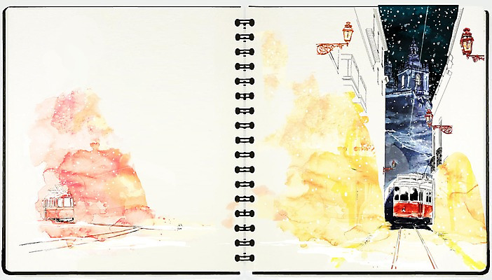 PSD 유럽 백그라운드 겨울 일러스트 밤하늘 수채화 거리 풍경 사람없음 건물 판타지 눈 스케치 스케치북 스프링수첩 트램 겨울배경 국내일러스트 자연요소 건축물 계절 나라 교통수단 상상 하늘 날씨 학용품 미술 다이어리 야간 파일형식