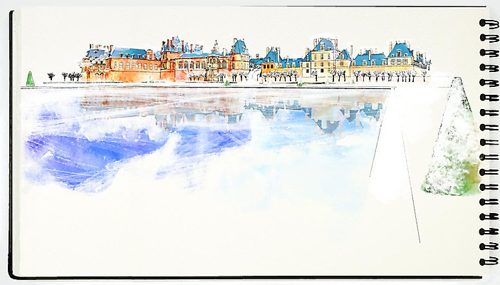 PSD 유럽 백그라운드 겨울 일러스트 수채화 풍경 사람없음 건물 판타지 궁전 프랑스 눈 연못 스케치 스케치북 스프링수첩 퐁텐블로궁전 겨울배경 국내일러스트 자연요소 건축물 계절 나라 고건축 상상 날씨 학용품 미술 다이어리 파일형식