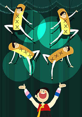 PSD 여자 남자 일러스트 조명 매달리기 여러명 성인 설날 공연 무대 커튼 윷 한복 뮤지컬 국내일러스트 한국전통 명절 다수 모션 사람 이벤트 윷놀이 전통의상 파일형식