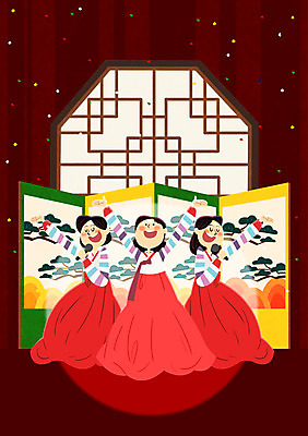 PSD 여자 일러스트 노래 성인 세명 설날 공연 무대 한복 마이크 전통문 병풍 뮤지컬 전통문살 국내일러스트 한국전통 전통 명절 음악 음향기기 사람 이벤트 문 전통의상 문살 파일형식