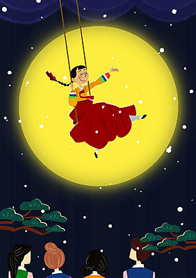 PSD 여자 남자 일러스트 성인 설날 공연 무대 보름달 눈 소나무 한복 그네 그네타기 뮤지컬 국내일러스트 자연요소 나무 한국전통 명절 놀이 날씨 사람 이벤트 달 전통의상 파일형식