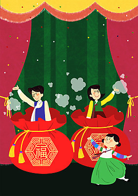 PSD 여자 남자 일러스트 복주머니 성인 세명 설날 공연 무대 커튼 연기 한복 뮤지컬 국내일러스트 한국전통 명절 전통소품 사람 이벤트 전통의상 파일형식