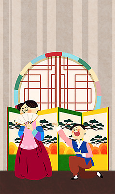 PSD 커플 여자 남자 일러스트 성인 두명 설날 공연 무대 부채 한복 전통문 병풍 뮤지컬 전통문살 국내일러스트 한국전통 전통 명절 관계 사람 이벤트 문 전통의상 문살 파일형식