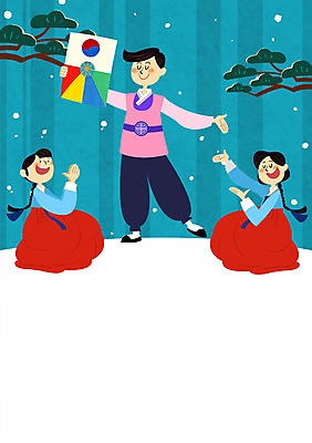 PSD 여자 남자 일러스트 성인 세명 설날 공연 무대 눈 한복 박수 연 뮤지컬 국내일러스트 자연요소 한국전통 명절 날씨 사람 손짓 이벤트 놀이용품 전통의상 파일형식