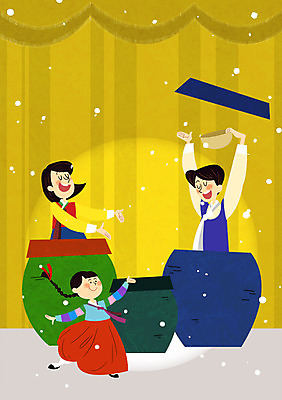 PSD 여자 남자 어린이 일러스트 조명 성인 세명 설날 바구니 공연 무대 커튼 항아리 한복 뮤지컬 국내일러스트 한국전통 명절 사람 이벤트 도자기 전통의상 파일형식