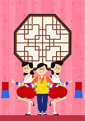 PSD 여자 남자 일러스트 성인 세명 설날 공연 무대 한복 청사초롱 전통문 뮤지컬 전통문살 국내일러스트 한국전통 전통 명절 사람 이벤트 문 전통의상 문살 초롱 파일형식