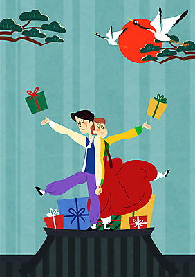 PSD 여자 남자 일러스트 성인 두명 선물상자 설날 태양 공연 학 무대 소나무 한복 기와지붕 뮤지컬 설선물 국내일러스트 자연요소 나무 한국전통 명절 조류 지붕 기와 선물 사람 이벤트 상자 전통의상 파일형식 명절선물