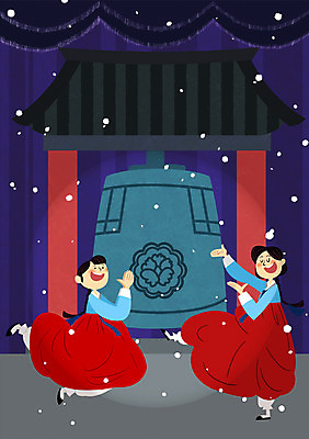 PSD 여자 일러스트 성인 두명 설날 공연 무대 종 커튼 한복 기와지붕 뮤지컬 눈내림 국내일러스트 한국전통 명절 지붕 눈_날씨 기와 사람 이벤트 전통의상 파일형식