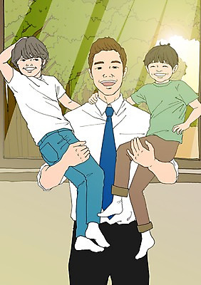 PSD 나무 남자 어린이 일러스트 창문 안기 실내 성인 세명 화목 다정 자녀 아빠 아트툰 국내일러스트 식물 컨셉 가족 모션 사람 내부 그림 파일형식