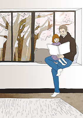 PSD 나무 여자 남자 어린이 쿠션 거실 일러스트 창문 성인 두명 책 독서 화목 다정 자녀 아빠 창틀 아트툰 국내일러스트 식물 컨셉 가족 사람 그림 파일형식