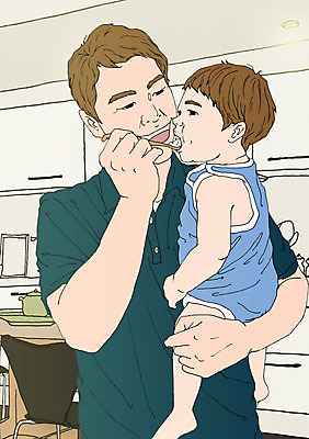 PSD 남자 어린이 일러스트 안기 성인 두명 주방 숟가락 화목 다정 육아 자녀 아기 아빠 먹여주기 아트툰 남성육아휴직 육아대디 싱글대디 한부모가족 국내일러스트 컨셉 가족 모션 수저 사람 먹기 그림 파일형식 육아휴직