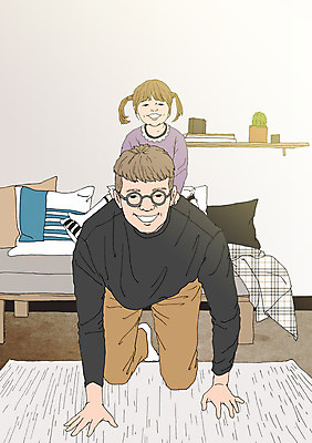 PSD 여자 남자 어린이 쿠션 거실 일러스트 놀이 선반 선인장 실내 성인 두명 소파 화목 다정 카펫 자녀 아빠 아트툰 국내일러스트 식물 가구 컨셉 의자 가족 사람 내부 그림 파일형식