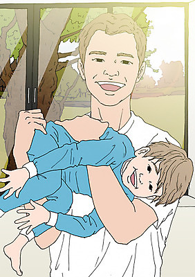 PSD 나무 남자 어린이 일러스트 창문 안기 실내 성인 두명 화목 다정 자녀 아빠 놀기 아트툰 국내일러스트 식물 컨셉 가족 모션 사람 내부 그림 파일형식