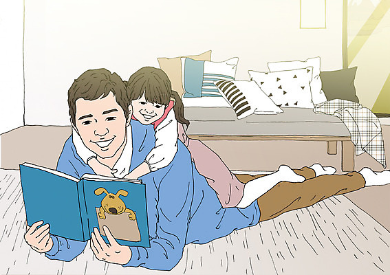 PSD 여자 남자 어린이 엎드리기 쿠션 거실 일러스트 성인 두명 책 소파 독서 화목 다정 카펫 자녀 아빠 아트툰 국내일러스트 컨셉 의자 가족 모션 사람 그림 파일형식