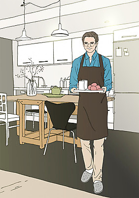 PSD 남자 음식 일러스트 식탁 주전자 조명 쟁반 실내 한명 성인 컵 주방 꽃병 앞치마 다정 아빠 열정 냉장고 아트툰 국내일러스트 1 식기 꽃 감정 컨셉 가족 탁자 주방용품 사람 내부 가전제품 그림 파일형식