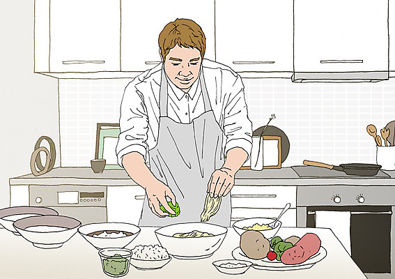 PSD 접시 남자 일러스트 식탁 실내 한명 성인 주방 식사 앞치마 다정 아빠 열정 요리중 음식준비 아트툰 혼족 국내일러스트 1 식기 감정 컨셉 가족 모션 탁자 사람 내부 준비 그림 싱글라이프 파일형식