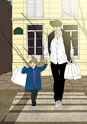 주간 PSD 여자 남자 어린이 일러스트 성인 야외 두명 건물 쇼핑 쇼핑백 손잡기 화목 다정 자녀 아빠 횡단보도 스쿨존 아트툰 국내일러스트 자연요소 건축물 컨셉 가방 가족 모션 사람 보행로 그림 파일형식