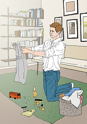 PSD 남자 액자 가사 거실 일러스트 책장 실내 한명 성인 책 소파 장난감 다정 카펫 아빠 청소 열정 빨래통 아트툰 국내일러스트 1 감정 가구 컨셉 의자 가족 사람 내부 그림 파일형식