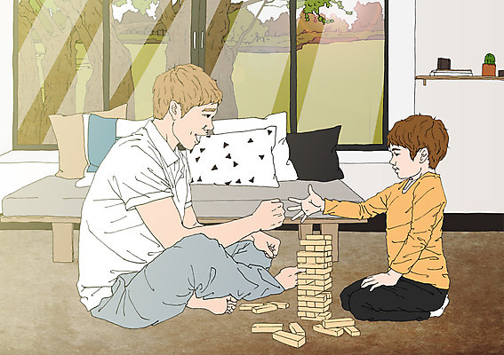 PSD 나무 남자 어린이 쿠션 거실 일러스트 창문 놀이 실내 성인 두명 소파 화목 다정 자녀 아빠 가위바위보 보드게임 젠가 아트툰 국내일러스트 식물 컨셉 의자 가족 사람 내부 놀이용품 그림 파일형식