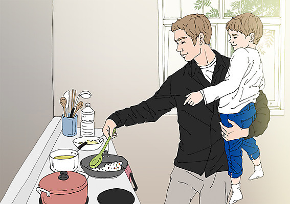 PSD 남자 어린이 일러스트 안기 주방용품 실내 성인 두명 주방 숟가락 화목 다정 자녀 프라이팬 아빠 가스레인지 냄비 요리중 아트툰 국내일러스트 생활용품 컨셉 가족 모션 수저 사람 내부 가전제품 레인지 솥 그림 파일형식