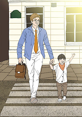 주간 PSD 남자 어린이 가방 일러스트 성인 야외 두명 건물 손잡기 화목 다정 자녀 아빠 횡단보도 등교 스쿨존 아트툰 국내일러스트 자연요소 건축물 잡화 컨셉 가족 모션 사람 보행로 그림 등하교 파일형식