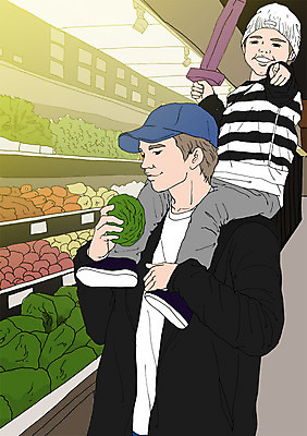 PSD 모자 남자 어린이 채소 일러스트 성인 두명 장보기 장난감 화목 다정 자녀 목말 아빠 진열장 마트 아트툰 국내일러스트 잡화 컨셉 가족 모션 사람 상점 그림 파일형식