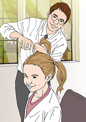 PSD 여자 남자 어린이 일러스트 창문 양갈래머리 실내 성인 두명 화목 다정 자녀 아빠 머리손질 아트툰 국내일러스트 헤어스타일 컨셉 가족 사람 내부 뷰티 그림 파일형식