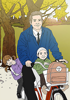 주간 PSD 나무 공원 여자 남자 어린이 가방 일러스트 성인 야외 세명 바구니 자전거 화목 다정 자녀 아빠 아트툰 국내일러스트 자연요소 식물 잡화 공공시설 컨셉 가족 사람 바이크 그림 파일형식