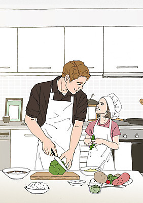 PSD 접시 여자 남자 어린이 채소 일러스트 도마 실내 요리사모자 성인 두명 주방 앞치마 화목 다정 자녀 아빠 식칼 음식준비 아트툰 국내일러스트 모자_잡화 식기 컨셉 가족 주방용품 사람 내부 요리사 준비 그림 파일형식