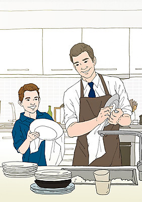 PSD 접시 남자 어린이 가사 일러스트 실내 성인 두명 주방 앞치마 화목 다정 자녀 아빠 설거지 개수대 닦기 행주 아트툰 국내일러스트 식기 컨셉 가족 모션 사람 내부 청소도구 그림 파일형식