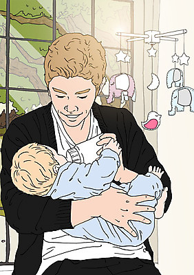 PSD 남자 어린이 일러스트 창문 안기 실내 성인 두명 화목 다정 방 자녀 아기 아빠 젖병 먹여주기 모빌 아트툰 국내일러스트 컨셉 가족 모션 사람 내부 아기용품 먹기 그림 파일형식