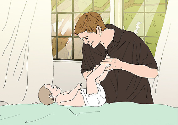 PSD 남자 어린이 일러스트 창문 성인 두명 화목 다정 자녀 침대 아기 커튼 아빠 기저귀 아트툰 국내일러스트 가구 컨셉 가족 사람 아기용품 그림 파일형식