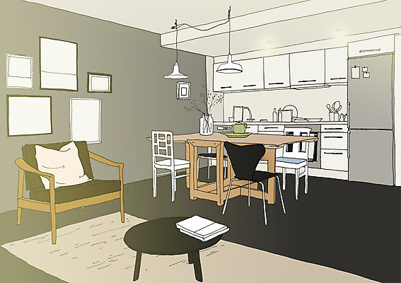 PSD 액자 백그라운드 의자 일러스트 식탁 조명 실내 사람없음 책 인테리어 주방 카펫 싱크대 냉장고 아트툰 국내일러스트 디자인 가구 탁자 내부 가전제품 개수대 그림 파일형식