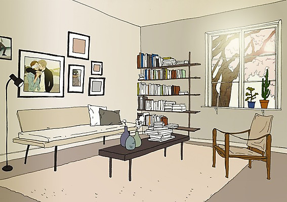 PSD 화분 액자 백그라운드 쿠션 거실 일러스트 창문 책장 실내 사람없음 책 인테리어 소파 꽃병 아트툰 국내일러스트 디자인 꽃 가구 의자 내부 그림 파일형식