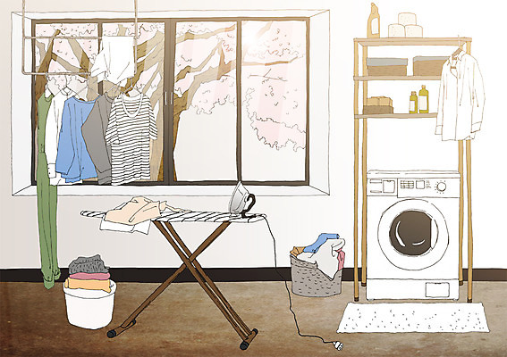 PSD 나무 옷 백그라운드 일러스트 창문 선반 실내 사람없음 인테리어 옷걸이 세탁기 다리미 다리미판 다리미대 다리미받침대 드럼세탁기 빨랫감 아트툰 국내일러스트 식물 디자인 가구 내부 가전제품 빨래 받침대 그림 파일형식