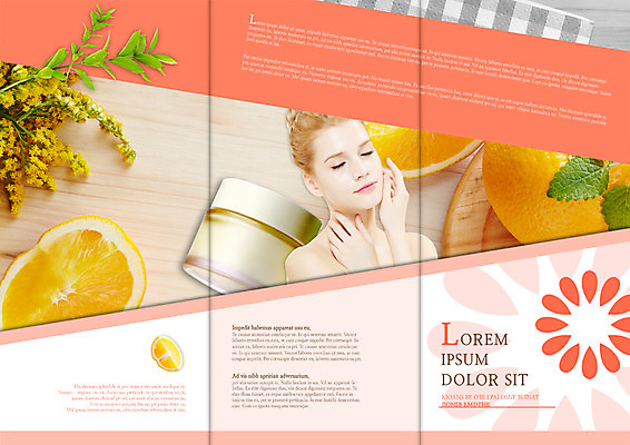 PSD 서양인 외국인 백인 템플릿 편집 표지디자인 북디자인 출판디자인 여자 내지 리플렛 북커버 오렌지 3단접지 한명 미소 팜플렛 상반신 20대 성인 앞모습 뷰티 눈감음 화장품 이미지템플릿 1 뷰포인트 과일 모션 표정 사람 인종 청년 파일형식