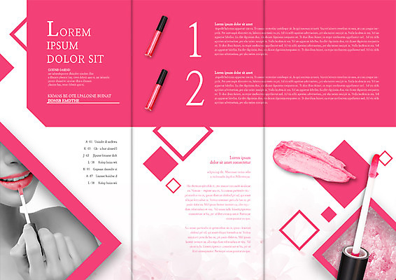 PSD 템플릿 편집 표지디자인 북디자인 출판디자인 여자 내지 리플렛 분홍색 북커버 3단접지 한명 미소 들기 팜플렛 상반신 앞모습 뷰티 화장품 립글로스 의료성형뷰티 이미지템플릿 1 뷰포인트 컬러 모션 표정 사람 파일형식