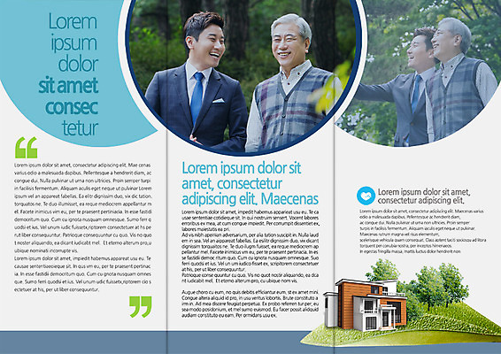 PSD 템플릿 편집 표지디자인 북디자인 출판디자인 남자 내지 리플렛 북커버 3단접지 부동산 안내 주택 미소 정장 팜플렛 여러명 상반신 성인 캐주얼 30대 한국인 60대 전원주택 이미지템플릿 옷 노년 다수 표정 사람 동양인 건물 장년 재산 파일형식