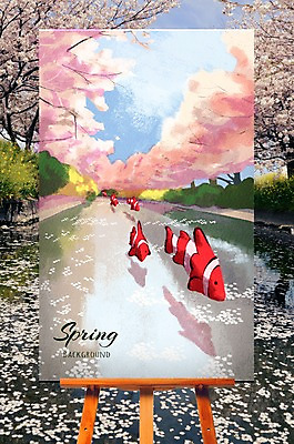 주간 PSD 나무 편집 백그라운드 일러스트 하늘 어류 풍경 사람없음 야외 봄 벚꽃 개울 이젤 봄배경 국내일러스트 자연요소 식물 계절 꽃 강 수중동물 미술도구 파일형식